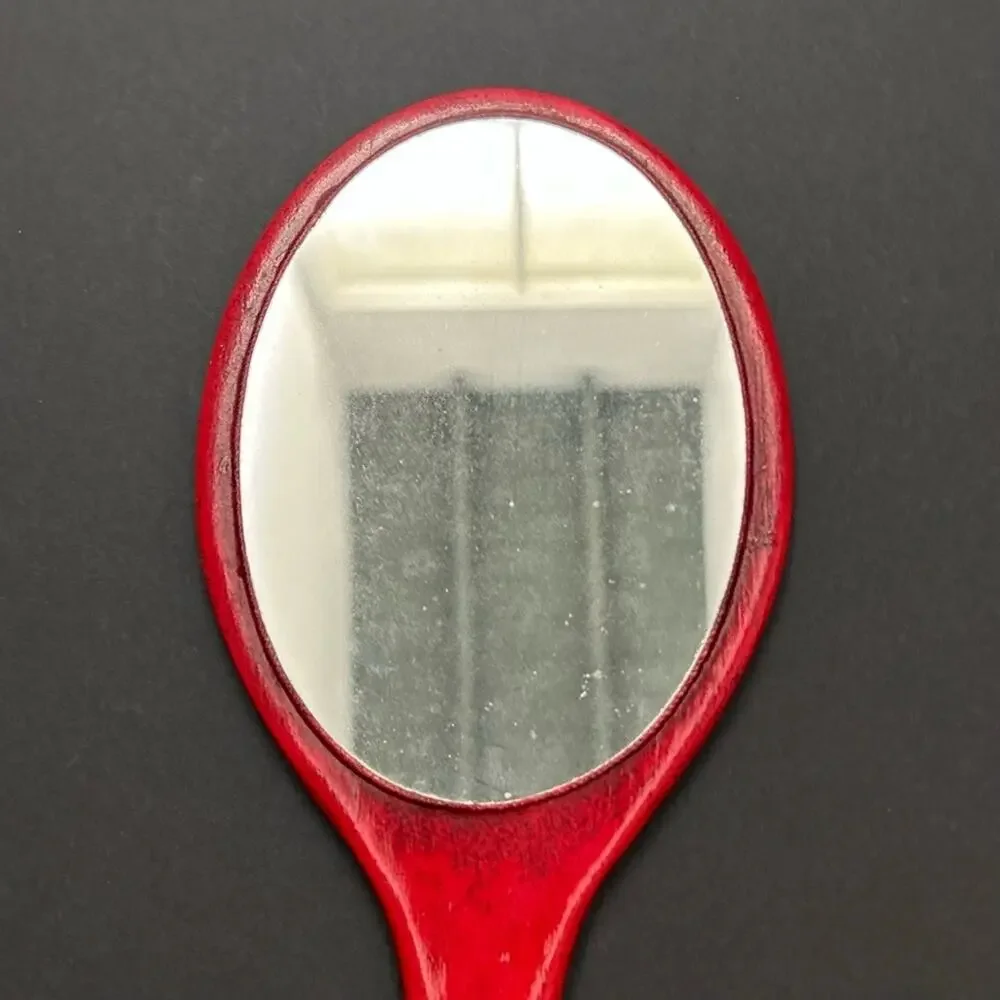 Rare Vintage 1960s Red Wooden Handmade Decorative Hand Mirror, Artist Signed